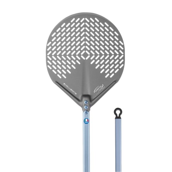 Gi.Metal | Linea Evoluzione | Pizzaschaufel abgerundet | perforiert | Ø 33 cm | Stiel 30 cm.